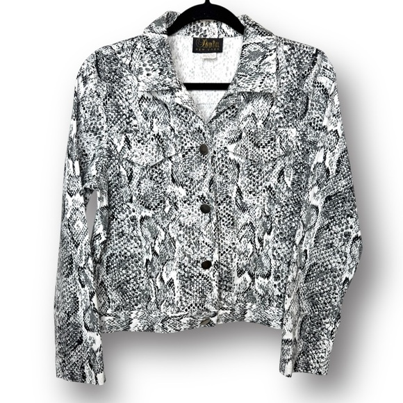 Vintage Y2K David Paul NY M Black White Snakeskin Cropped Button Down Jacket - Picture 1 of 11